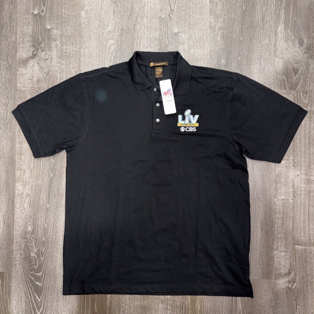 NWT Super Bowl LIV 54 CBS Harriton Mens Polo Shirt Black XL NFL Team Apparel